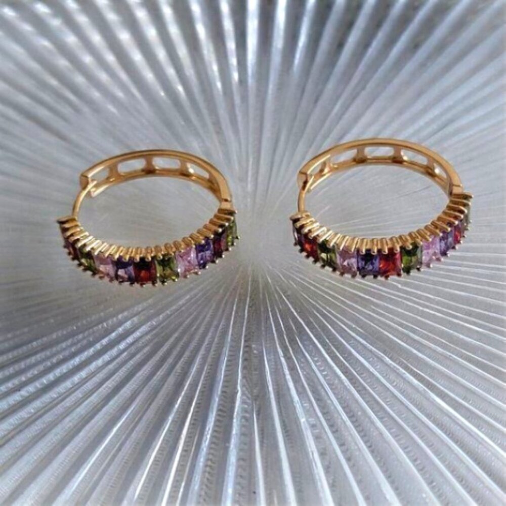Dainty Multicolor Baguette Huggie Hoops - Gold Finish